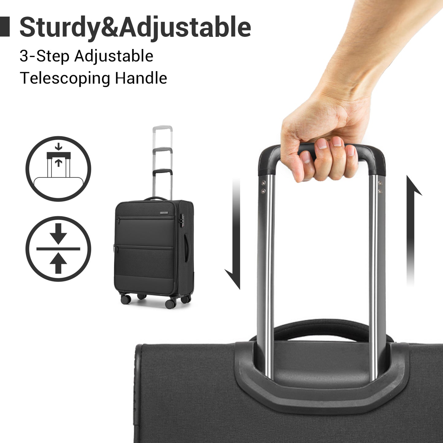 British Traveller KSB2597 3-Piece Luggage Set in Black - Tough Soft-Shell Suitcase with Silent TPE Spinners, TSA Security and Expandable Checked Sizes