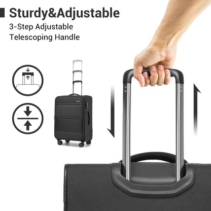 British Traveller KSB2597 3-Piece Luggage Set in Black - Tough Soft-Shell Suitcase with Silent TPE Spinners, TSA Security and Expandable Checked Sizes
