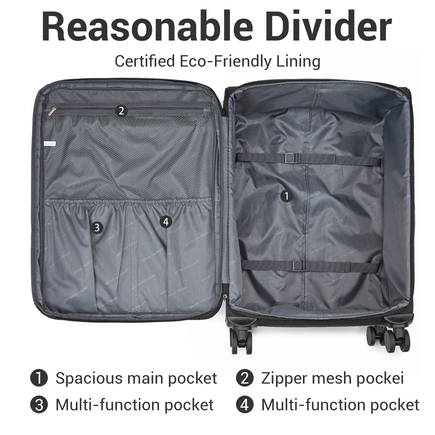 British Traveller KSB2597 3-Piece Luggage Set in Black - Tough Soft-Shell Suitcase with Silent TPE Spinners, TSA Security and Expandable Checked Sizes