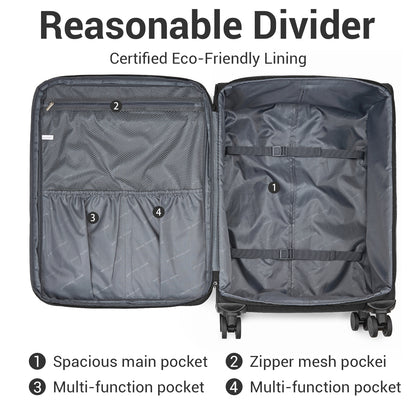 British Traveller KSB2597 3-Piece Luggage Set in Black - Tough Soft-Shell Suitcase with Silent TPE Spinners, TSA Security and Expandable Checked Sizes