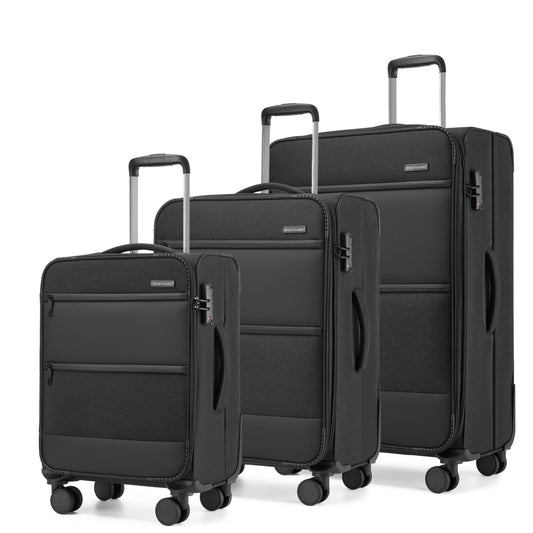 British Traveller KSB2597 3-Piece Luggage Set in Black - Tough Soft-Shell Suitcase with Silent TPE Spinners, TSA Security and Expandable Checked Sizes