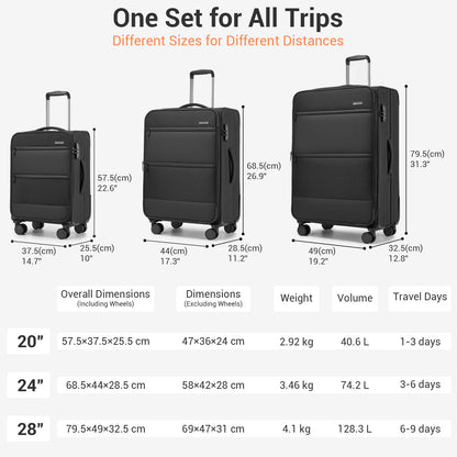 British Traveller KSB2597 3-Piece Luggage Set in Black - Tough Soft-Shell Suitcase with Silent TPE Spinners, TSA Security and Expandable Checked Sizes