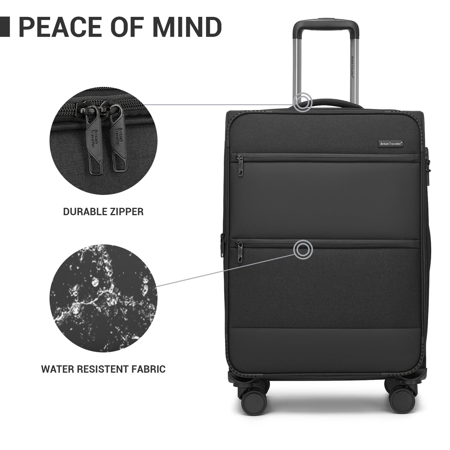 British Traveller KSB2597 Cabin Luggage in Black (57.5x37.5x25.5 cm) - Soft Shell Suitcase with Silent TPE Spinners, TSA Lock and Laptop Compartment