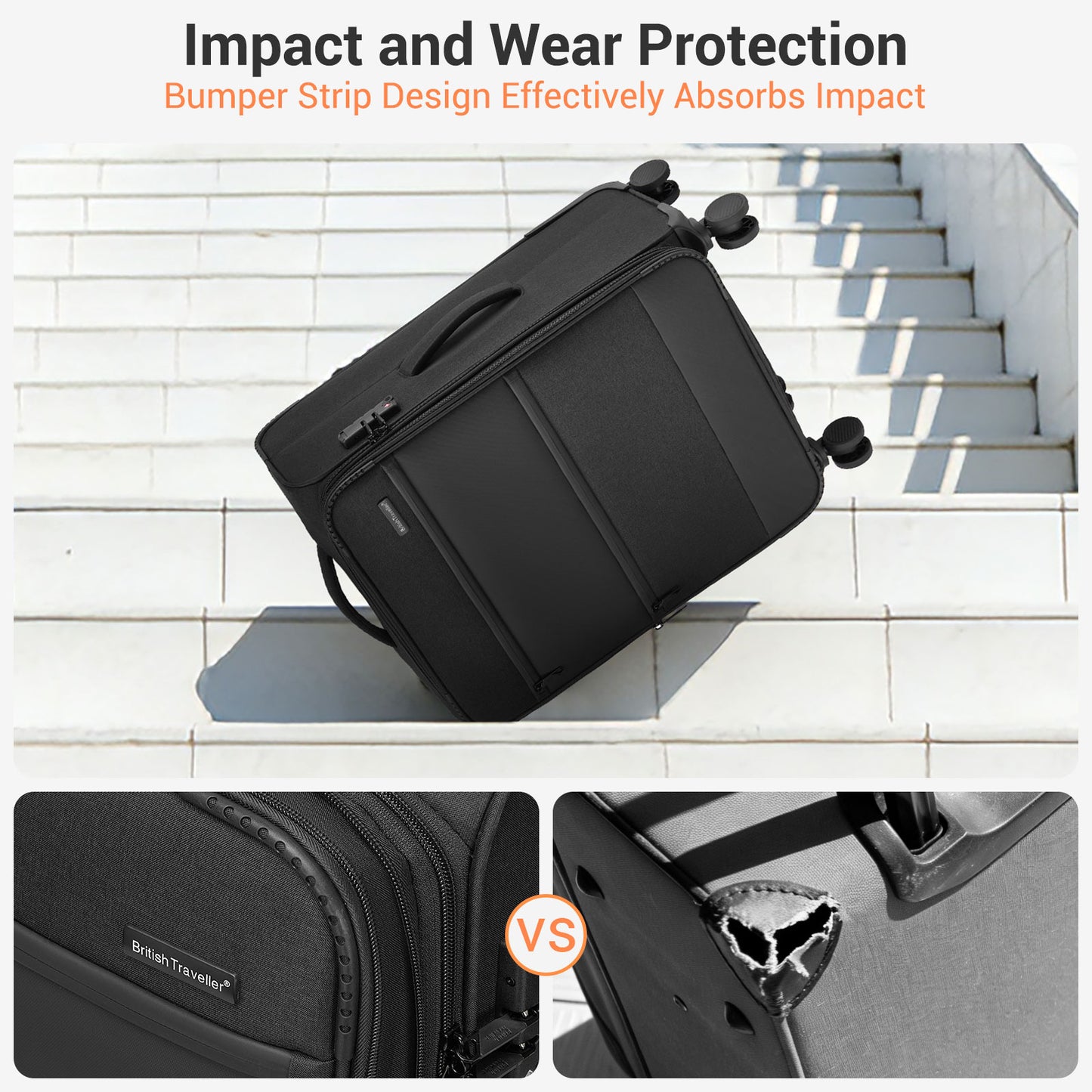 British Traveller KSB2597 Cabin Luggage in Black (57.5x37.5x25.5 cm) - Soft Shell Suitcase with Silent TPE Spinners, TSA Lock and Laptop Compartment