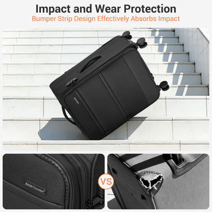 British Traveller KSB2597 Cabin Luggage in Black (57.5x37.5x25.5 cm) - Soft Shell Suitcase with Silent TPE Spinners, TSA Lock and Laptop Compartment