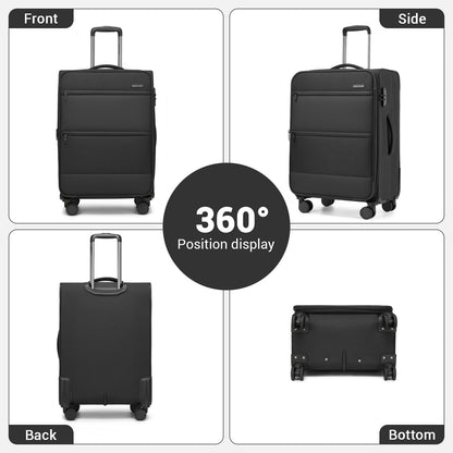 British Traveller KSB2597 Cabin Luggage in Black (57.5x37.5x25.5 cm) - Soft Shell Suitcase with Silent TPE Spinners, TSA Lock and Laptop Compartment