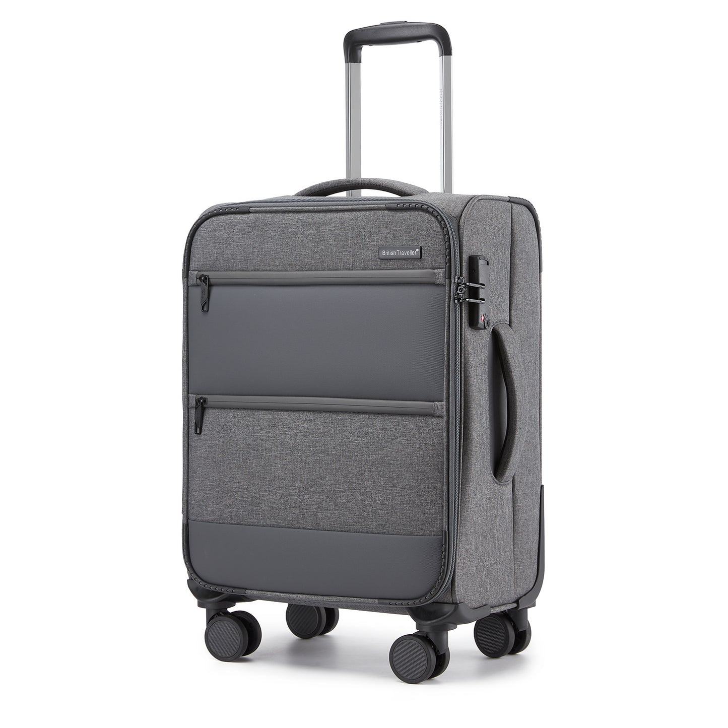 British Traveller KSB2597 Cabin Luggage in Grey (57.5x37.5x25.5 cm) - Soft Shell Suitcase with Silent TPE Spinners, TSA Lock and Laptop Compartment