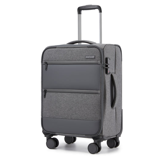 British Traveller KSB2597 Cabin Luggage in Grey (57.5x37.5x25.5 cm) - Soft Shell Suitcase with Silent TPE Spinners, TSA Lock and Laptop Compartment