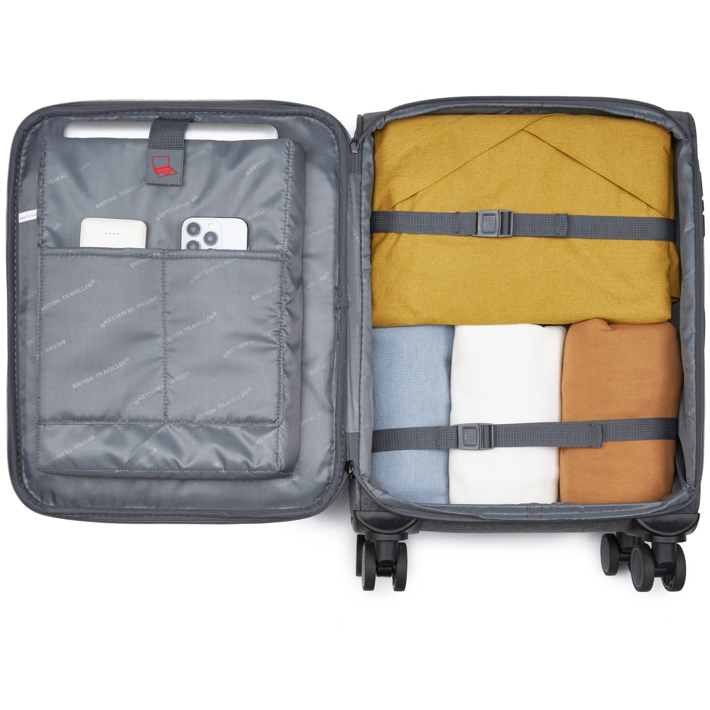 British Traveller KSB2597 Cabin Luggage in Grey (57.5x37.5x25.5 cm) - Soft Shell Suitcase with Silent TPE Spinners, TSA Lock and Laptop Compartment