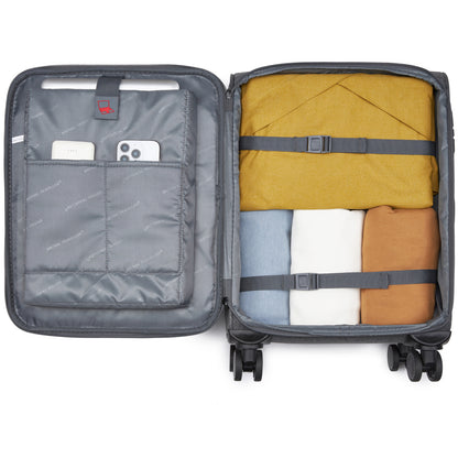 British Traveller KSB2597 Cabin Luggage in Grey (57.5x37.5x25.5 cm) - Soft Shell Suitcase with Silent TPE Spinners, TSA Lock and Laptop Compartment