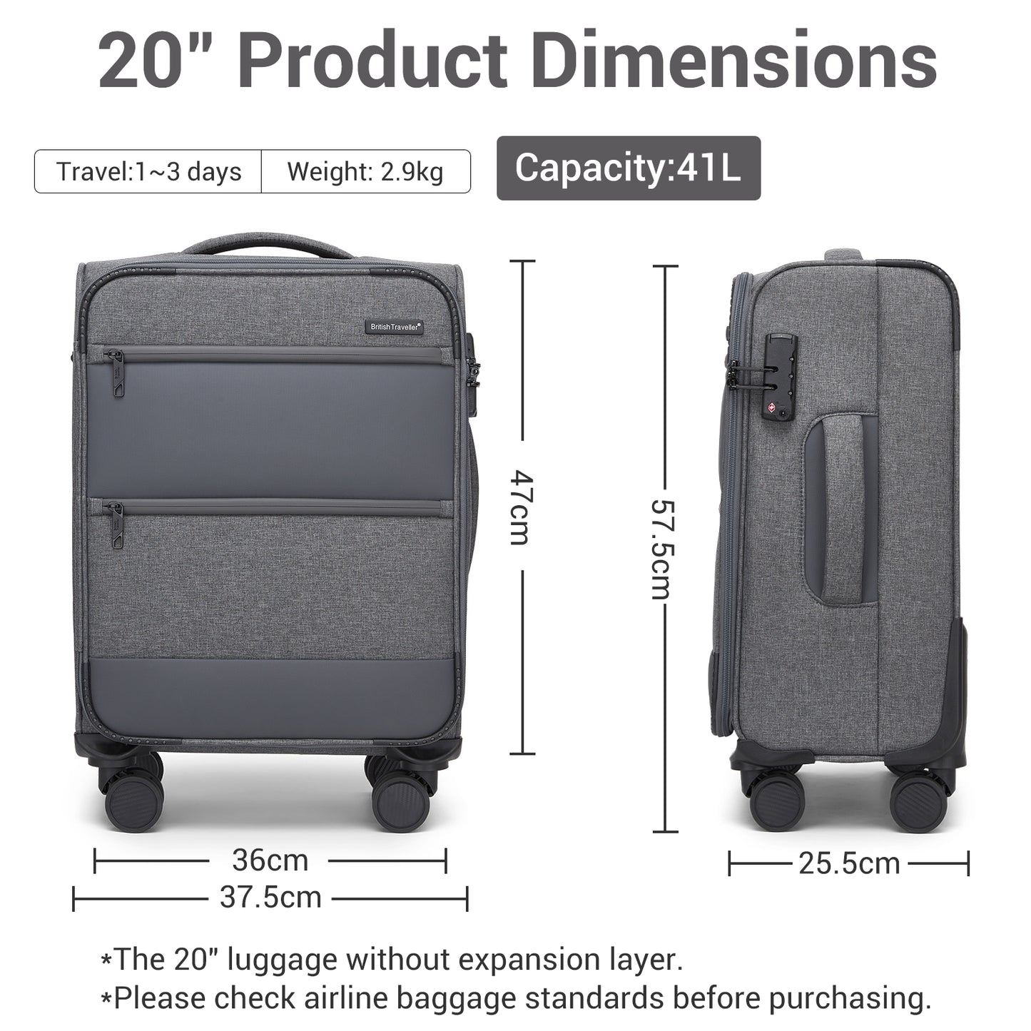 British Traveller KSB2597 Cabin Luggage in Grey (57.5x37.5x25.5 cm) - Soft Shell Suitcase with Silent TPE Spinners, TSA Lock and Laptop Compartment