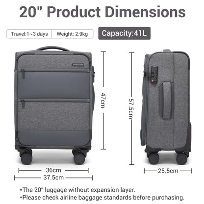 British Traveller KSB2597 Cabin Luggage in Grey (57.5x37.5x25.5 cm) - Soft Shell Suitcase with Silent TPE Spinners, TSA Lock and Laptop Compartment