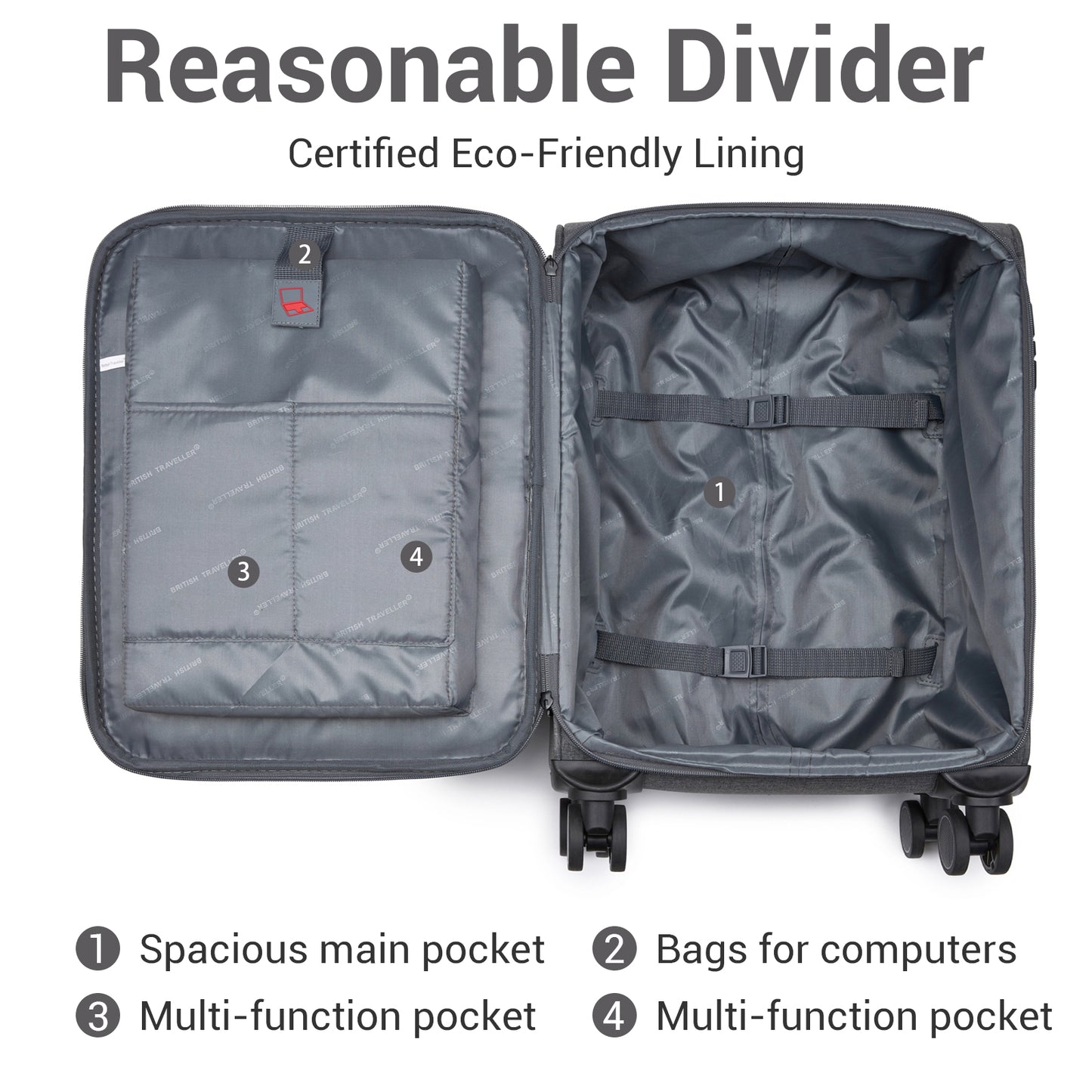 British Traveller KSB2597 Cabin Luggage in Grey (57.5x37.5x25.5 cm) - Soft Shell Suitcase with Silent TPE Spinners, TSA Lock and Laptop Compartment