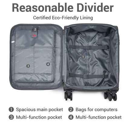 British Traveller KSB2597 Cabin Luggage in Grey (57.5x37.5x25.5 cm) - Soft Shell Suitcase with Silent TPE Spinners, TSA Lock and Laptop Compartment