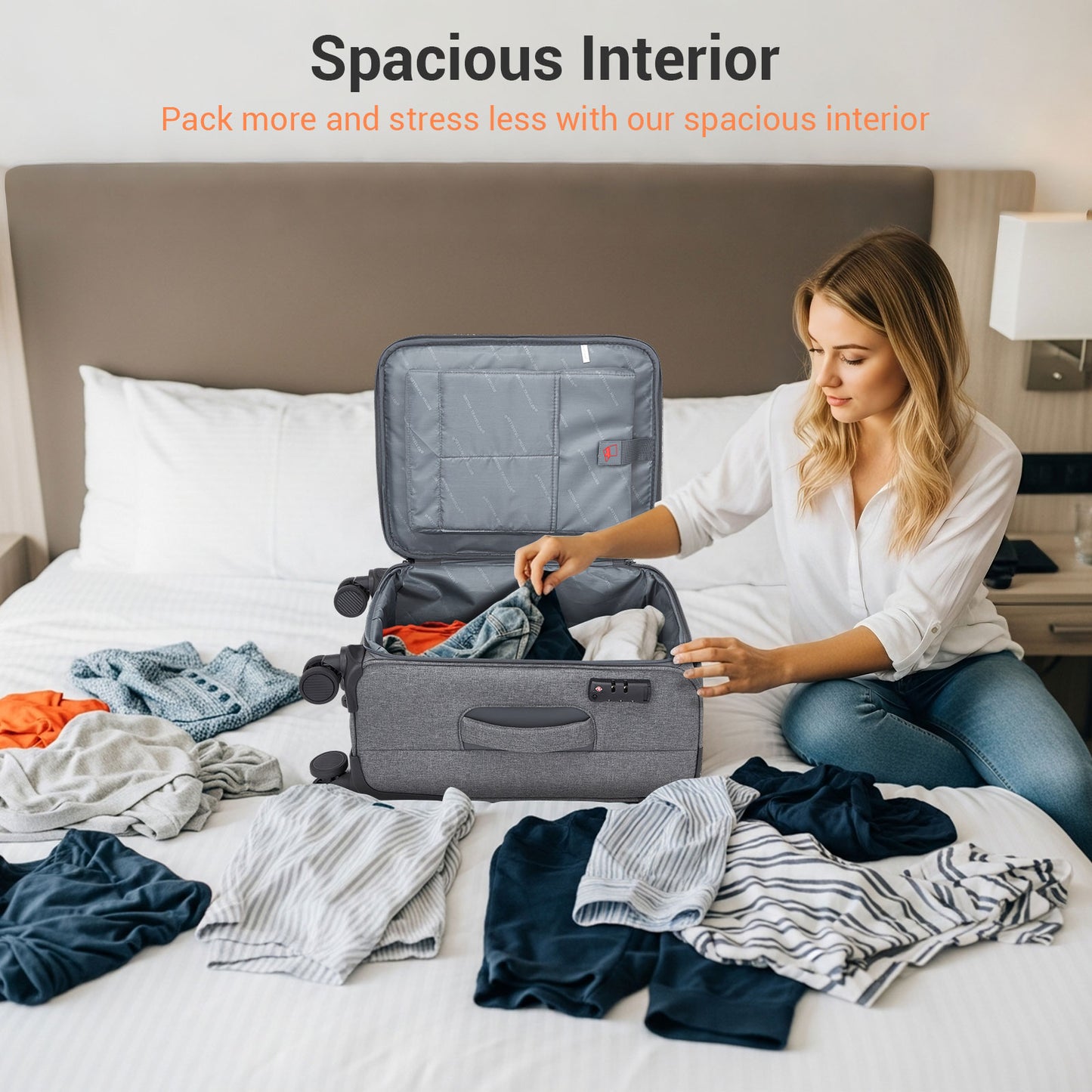British Traveller KSB2597 Cabin Luggage in Grey (57.5x37.5x25.5 cm) - Soft Shell Suitcase with Silent TPE Spinners, TSA Lock and Laptop Compartment