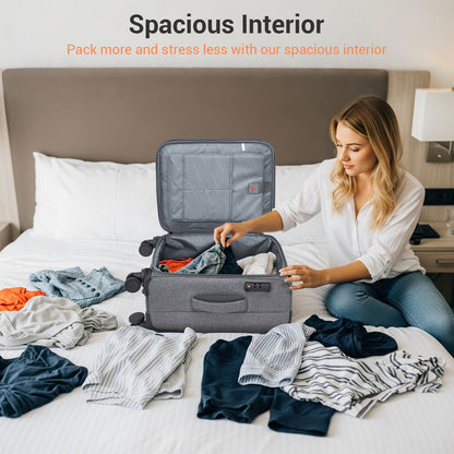 British Traveller KSB2597 Cabin Luggage in Grey (57.5x37.5x25.5 cm) - Soft Shell Suitcase with Silent TPE Spinners, TSA Lock and Laptop Compartment