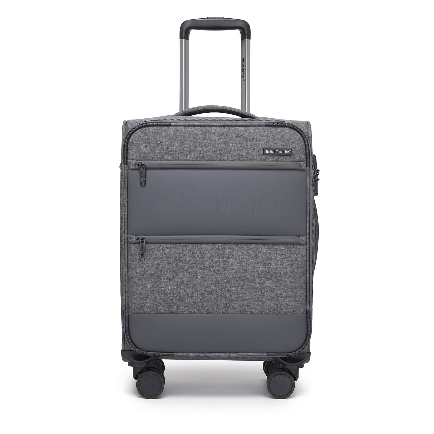 British Traveller KSB2597 Cabin Luggage in Grey (57.5x37.5x25.5 cm) - Soft Shell Suitcase with Silent TPE Spinners, TSA Lock and Laptop Compartment