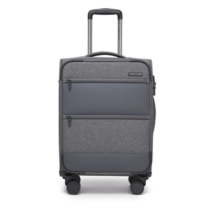 British Traveller KSB2597 Cabin Luggage in Grey (57.5x37.5x25.5 cm) - Soft Shell Suitcase with Silent TPE Spinners, TSA Lock and Laptop Compartment