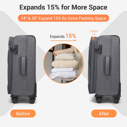 British Traveller KSB2597 3-Piece Luggage Set in Grey - Tough Soft-Shell Suitcase with Silent TPE Spinners, TSA Security and Expandable Checked Sizes