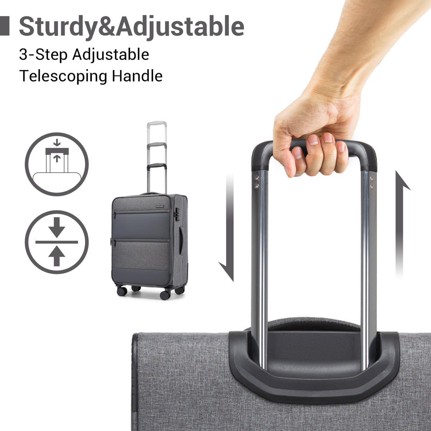 British Traveller KSB2597 3-Piece Luggage Set in Grey - Tough Soft-Shell Suitcase with Silent TPE Spinners, TSA Security and Expandable Checked Sizes