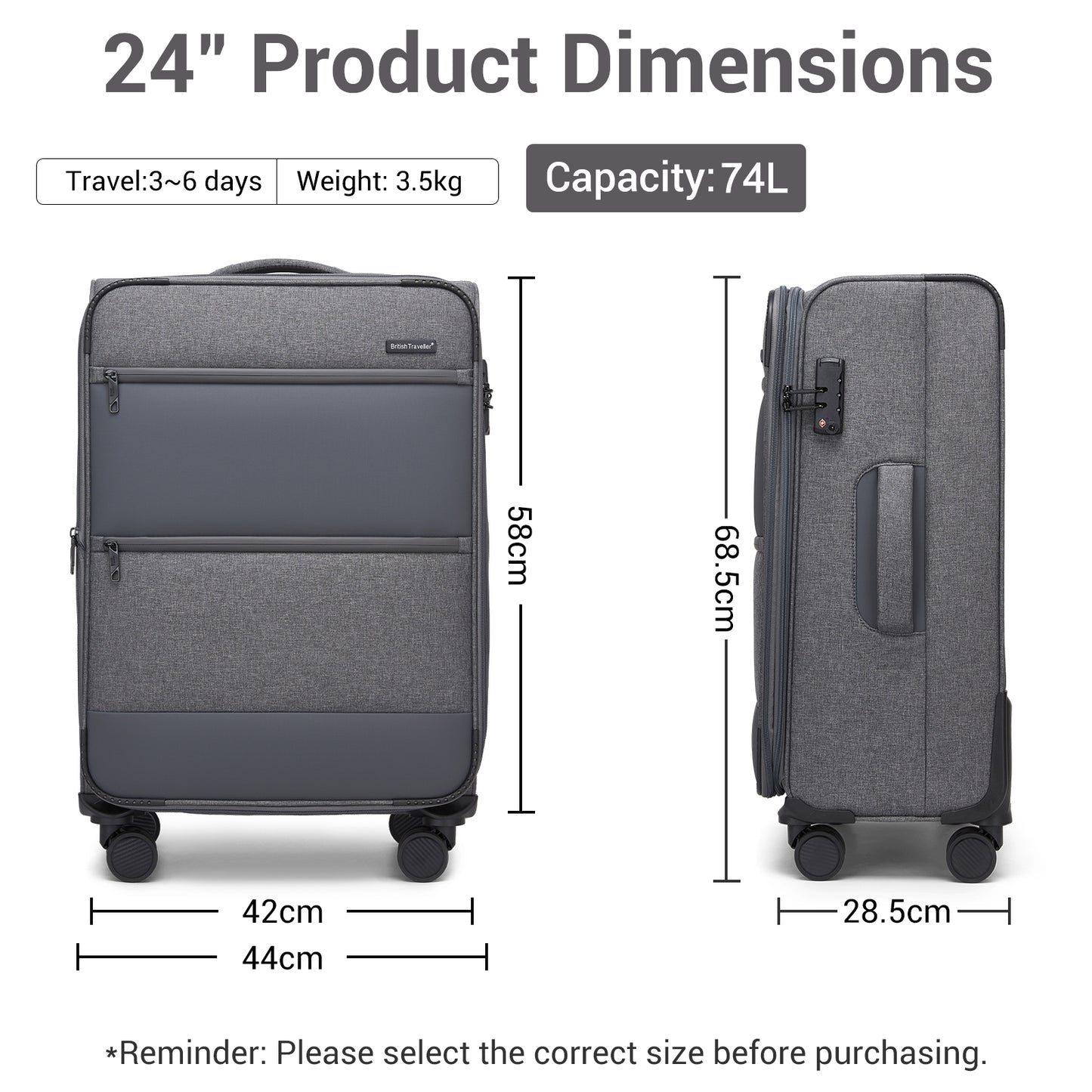 British Traveller KSB2597 Mid-Size Luggage in Grey (68.5x44x28.5cm) - Lightweight & Tough Soft-Shell Suitcase with TSA Lock and Expandable Capacity