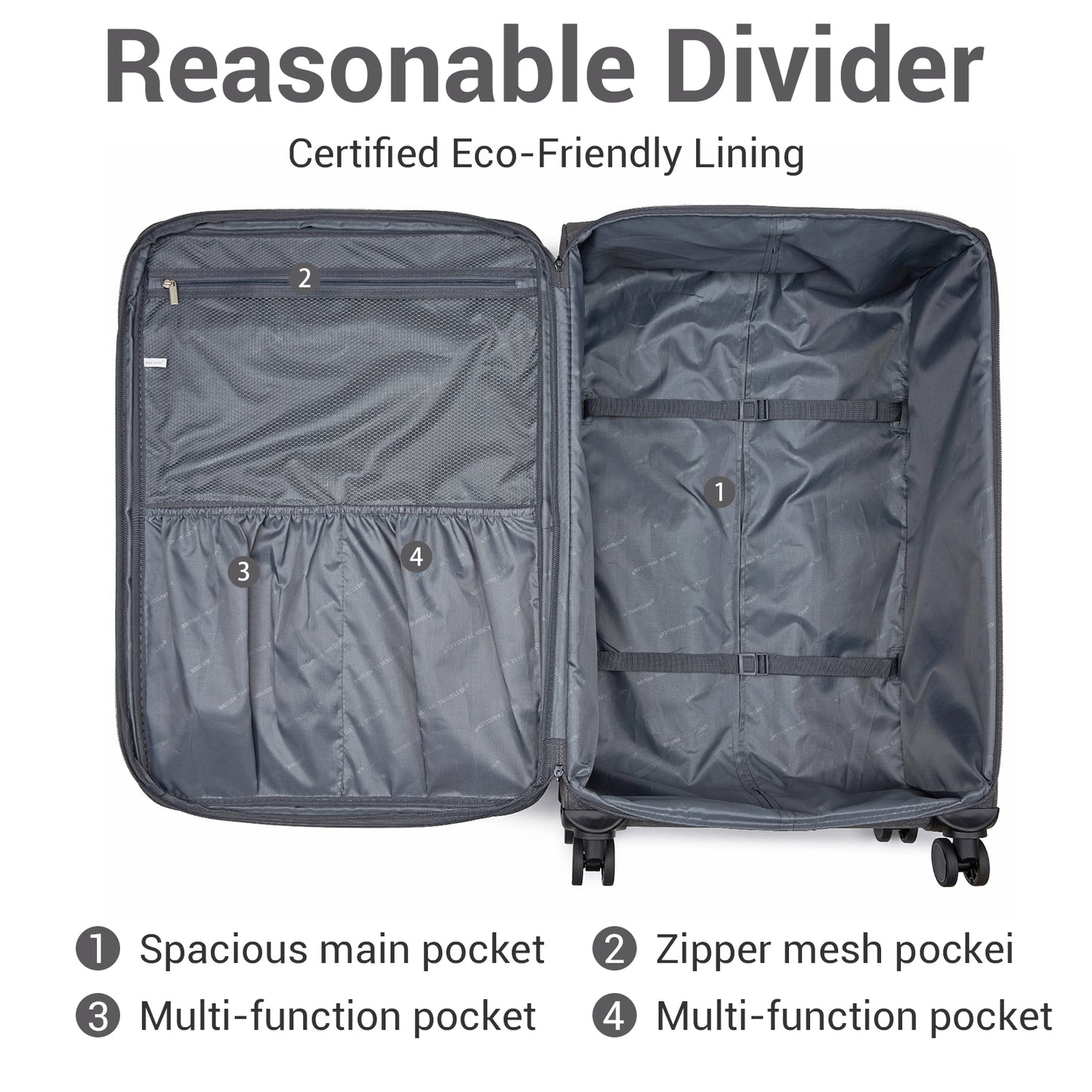 British Traveller KSB2597 3-Piece Luggage Set in Grey - Tough Soft-Shell Suitcase with Silent TPE Spinners, TSA Security and Expandable Checked Sizes