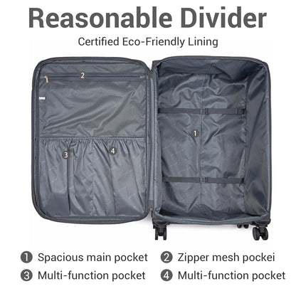 British Traveller KSB2597 3-Piece Luggage Set in Grey - Tough Soft-Shell Suitcase with Silent TPE Spinners, TSA Security and Expandable Checked Sizes