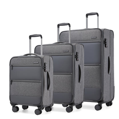British Traveller KSB2597 3-Piece Luggage Set in Grey - Tough Soft-Shell Suitcase with Silent TPE Spinners, TSA Security and Expandable Checked Sizes