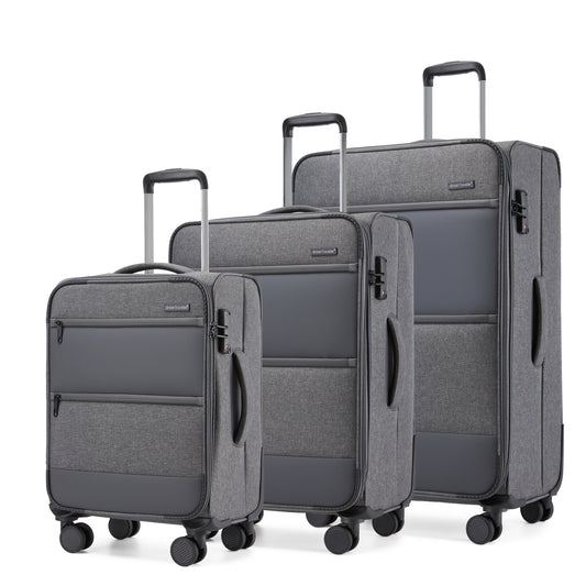 British Traveller KSB2597 3-Piece Luggage Set in Grey - Tough Soft-Shell Suitcase with Silent TPE Spinners, TSA Security and Expandable Checked Sizes