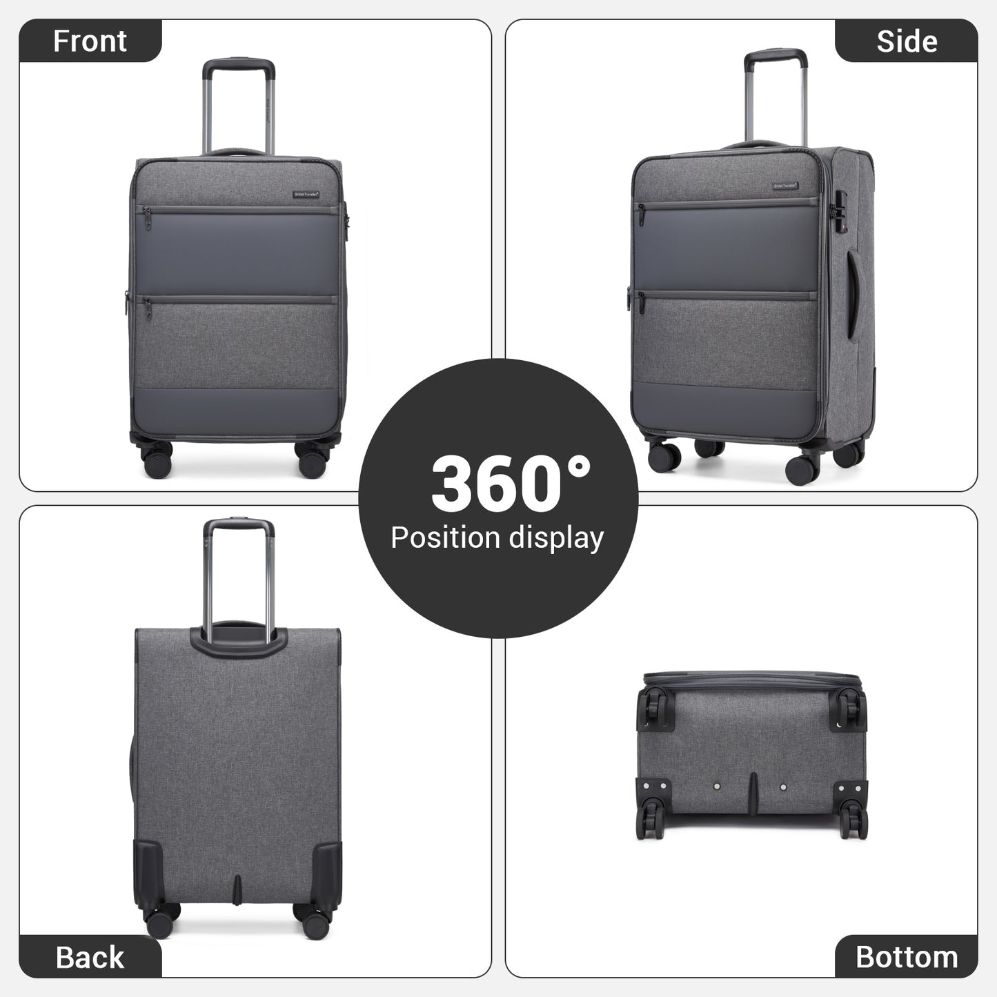 British Traveller KSB2597 Large Luggage in Grey (79.5x49x32.5 cm) - Lightweight & Tough Soft-Shell Suitcase with TSA Lock and Expandable Capacity