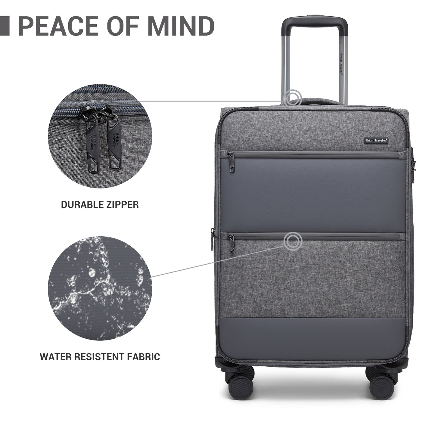 British Traveller KSB2597 3-Piece Luggage Set in Grey - Tough Soft-Shell Suitcase with Silent TPE Spinners, TSA Security and Expandable Checked Sizes