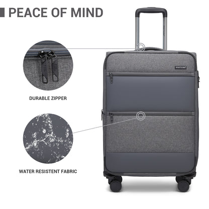 British Traveller KSB2597 3-Piece Luggage Set in Grey - Tough Soft-Shell Suitcase with Silent TPE Spinners, TSA Security and Expandable Checked Sizes