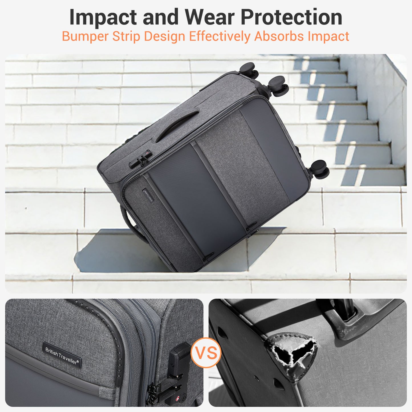 British Traveller KSB2597 3-Piece Luggage Set in Grey - Tough Soft-Shell Suitcase with Silent TPE Spinners, TSA Security and Expandable Checked Sizes