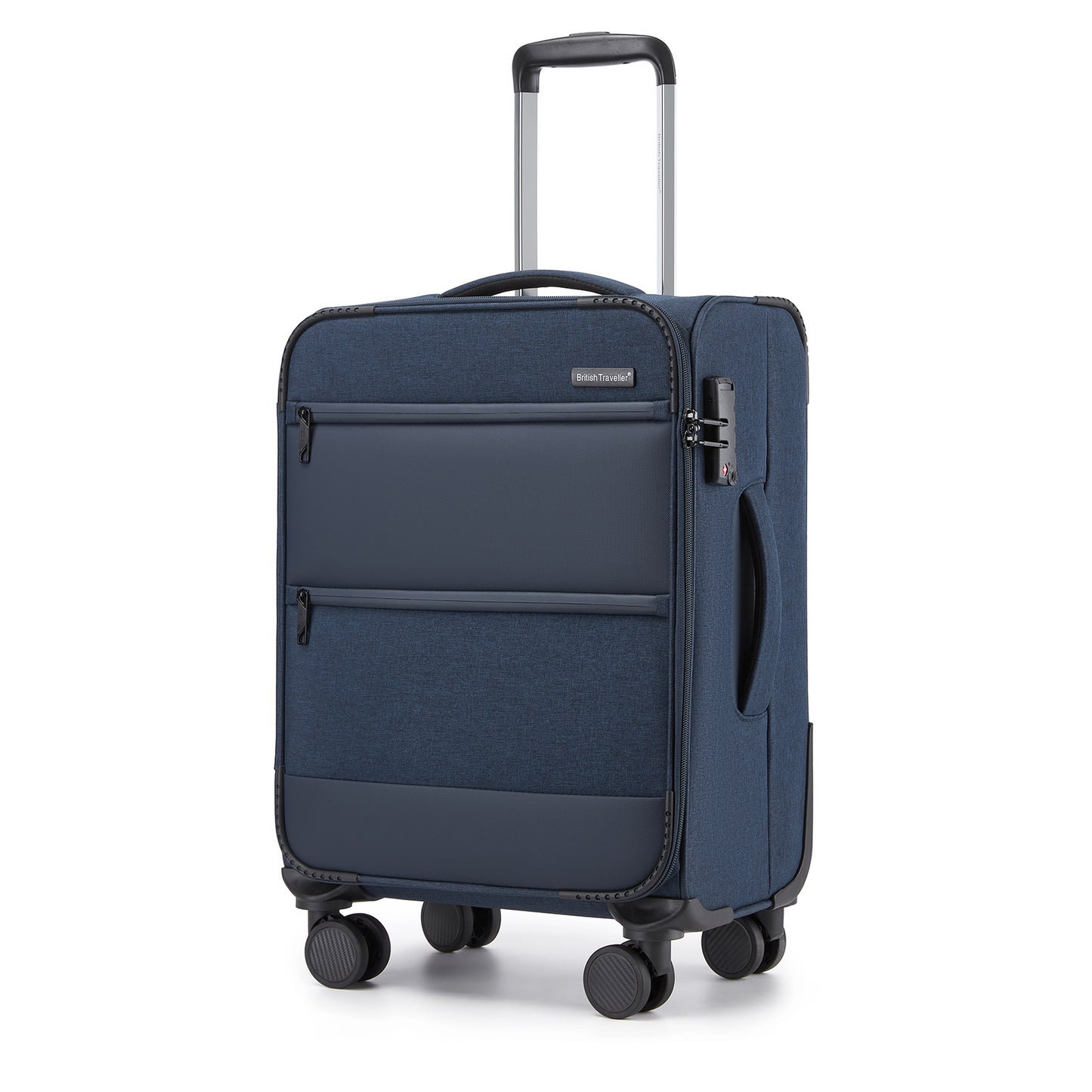British Traveller KSB2597 Cabin Luggage in Navy (57.5x37.5x25.5 cm) - Soft Shell Suitcase with Silent TPE Spinners, TSA Lock and Laptop Compartment
