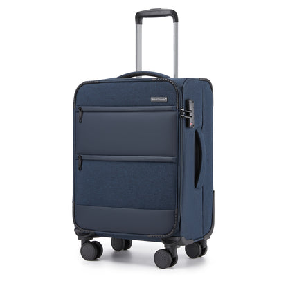 British Traveller KSB2597 Cabin Luggage in Navy (57.5x37.5x25.5 cm) - Soft Shell Suitcase with Silent TPE Spinners, TSA Lock and Laptop Compartment