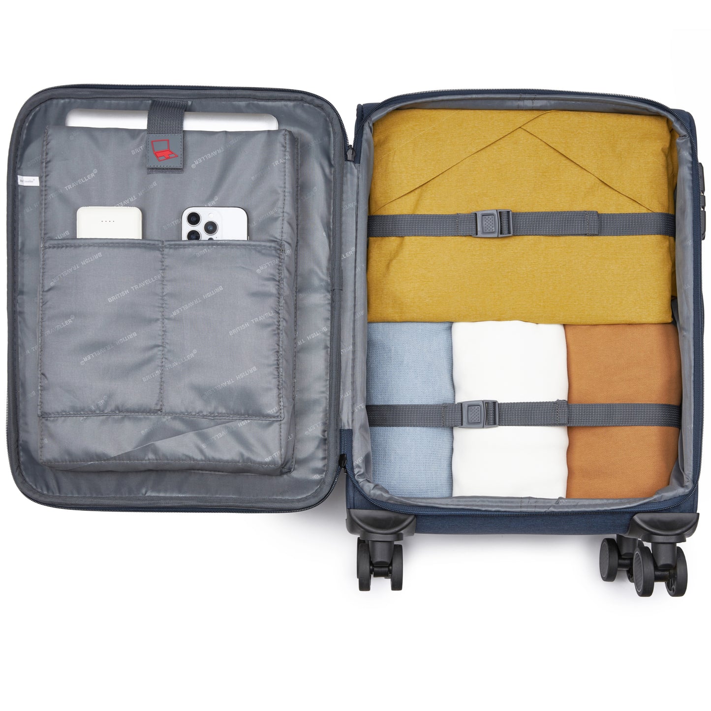 British Traveller KSB2597 Cabin Luggage in Navy (57.5x37.5x25.5 cm) - Soft Shell Suitcase with Silent TPE Spinners, TSA Lock and Laptop Compartment