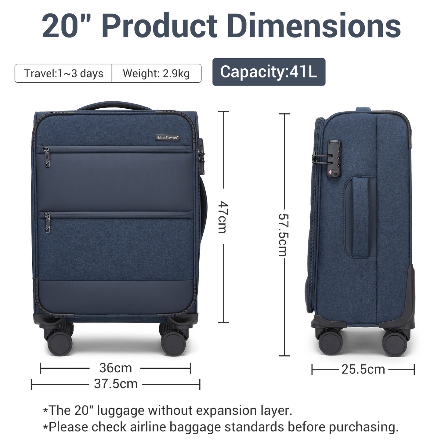 British Traveller KSB2597 Cabin Luggage in Navy (57.5x37.5x25.5 cm) - Soft Shell Suitcase with Silent TPE Spinners, TSA Lock and Laptop Compartment