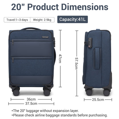 British Traveller KSB2597 Cabin Luggage in Navy (57.5x37.5x25.5 cm) - Soft Shell Suitcase with Silent TPE Spinners, TSA Lock and Laptop Compartment
