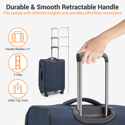 British Traveller KSB2597 Cabin Luggage in Navy (57.5x37.5x25.5 cm) - Soft Shell Suitcase with Silent TPE Spinners, TSA Lock and Laptop Compartment