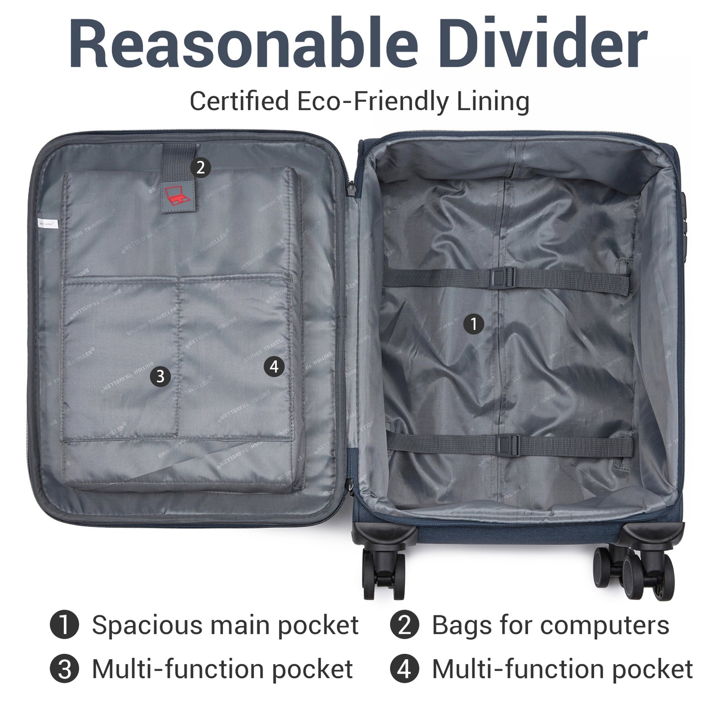British Traveller KSB2597 Cabin Luggage in Navy (57.5x37.5x25.5 cm) - Soft Shell Suitcase with Silent TPE Spinners, TSA Lock and Laptop Compartment