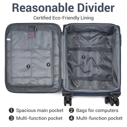 British Traveller KSB2597 Cabin Luggage in Navy (57.5x37.5x25.5 cm) - Soft Shell Suitcase with Silent TPE Spinners, TSA Lock and Laptop Compartment