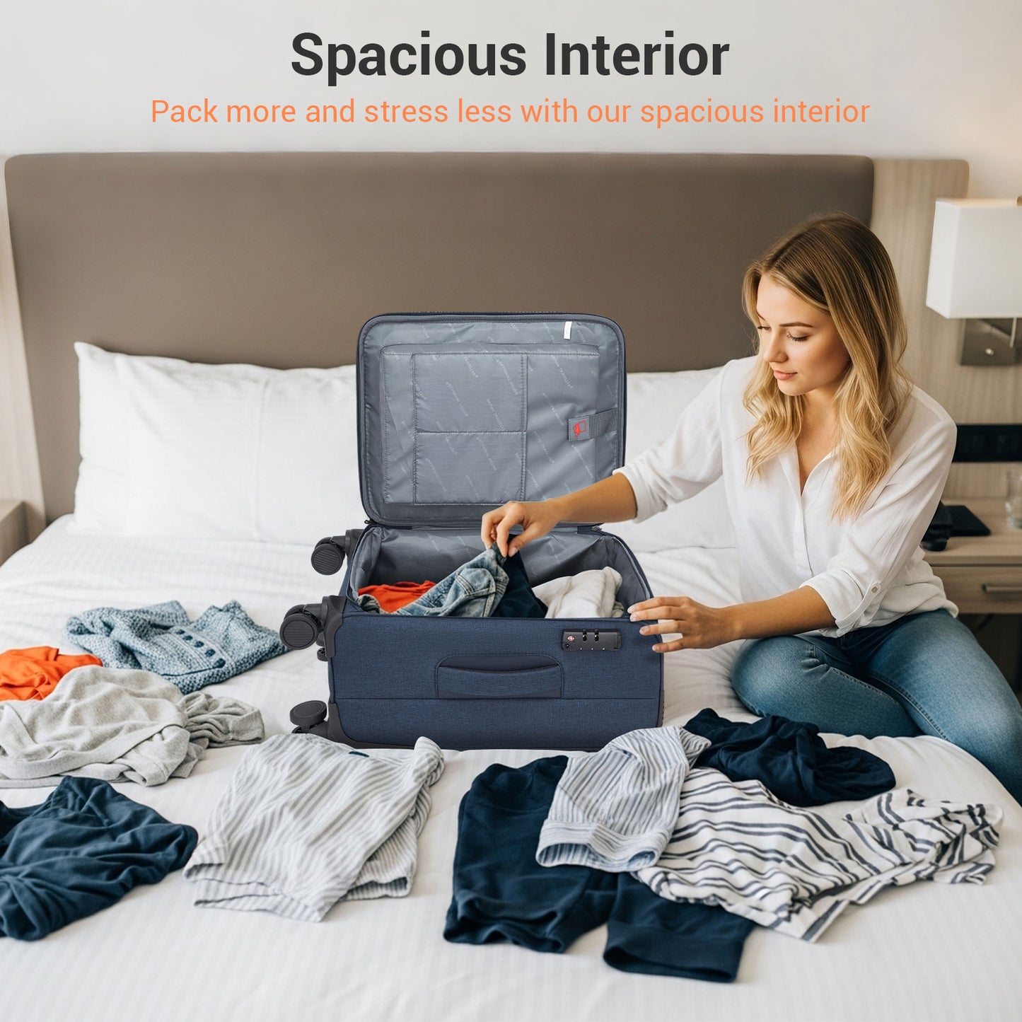 British Traveller KSB2597 Cabin Luggage in Navy (57.5x37.5x25.5 cm) - Soft Shell Suitcase with Silent TPE Spinners, TSA Lock and Laptop Compartment