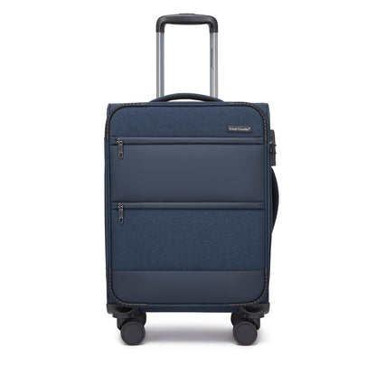 British Traveller KSB2597 Cabin Luggage in Navy (57.5x37.5x25.5 cm) - Soft Shell Suitcase with Silent TPE Spinners, TSA Lock and Laptop Compartment