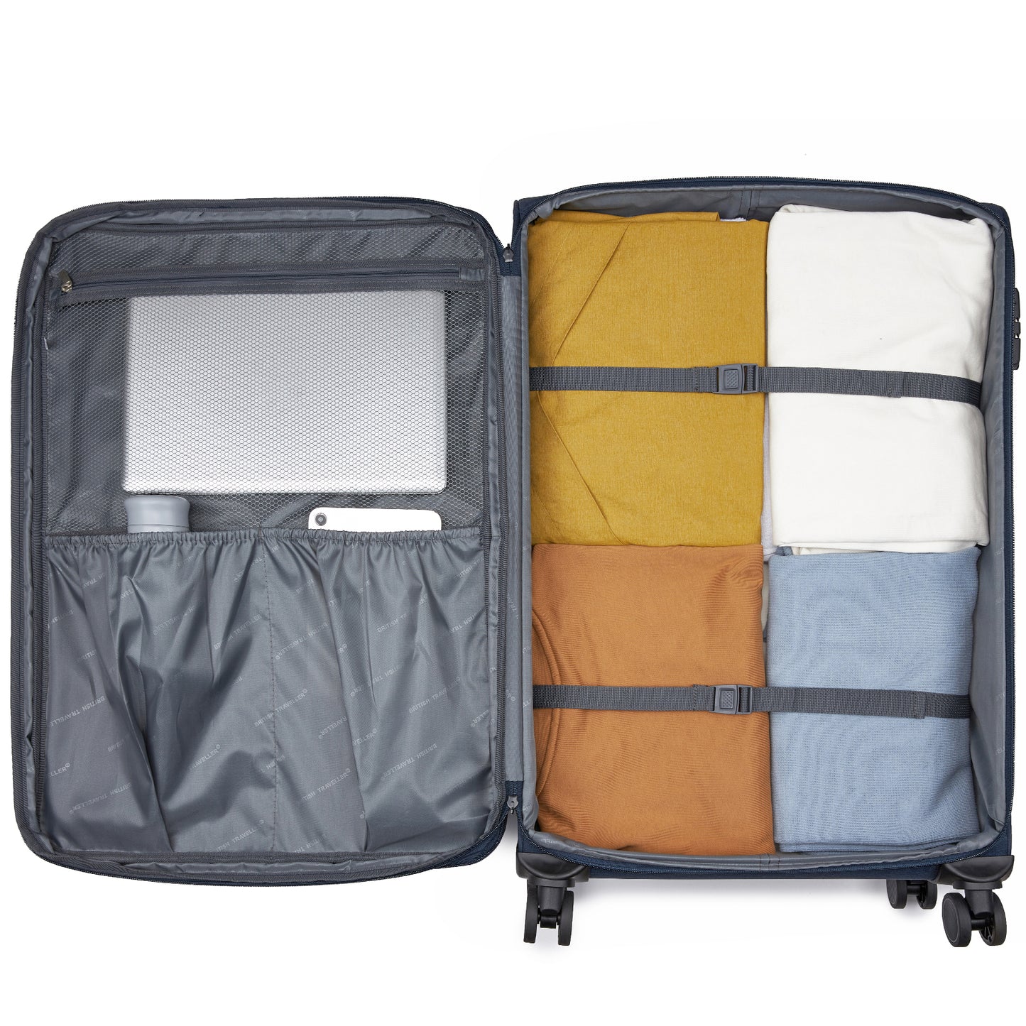 British Traveller KSB2597 Large Luggage in Navy (79.5x49x32.5 cm) - Lightweight & Tough Soft-Shell Suitcase with TSA Lock and Expandable Capacity