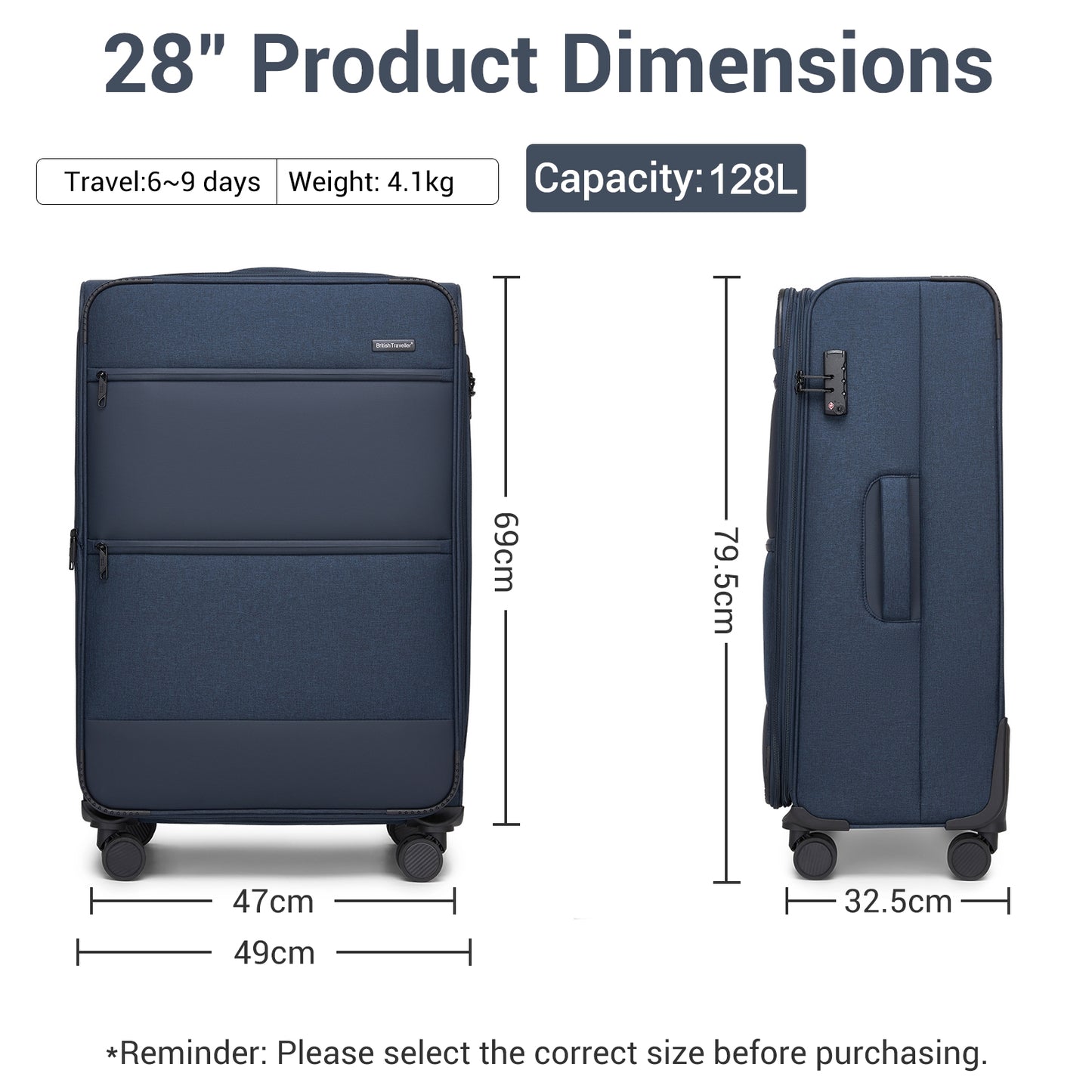 British Traveller KSB2597 Large Luggage in Navy (79.5x49x32.5 cm) - Lightweight & Tough Soft-Shell Suitcase with TSA Lock and Expandable Capacity