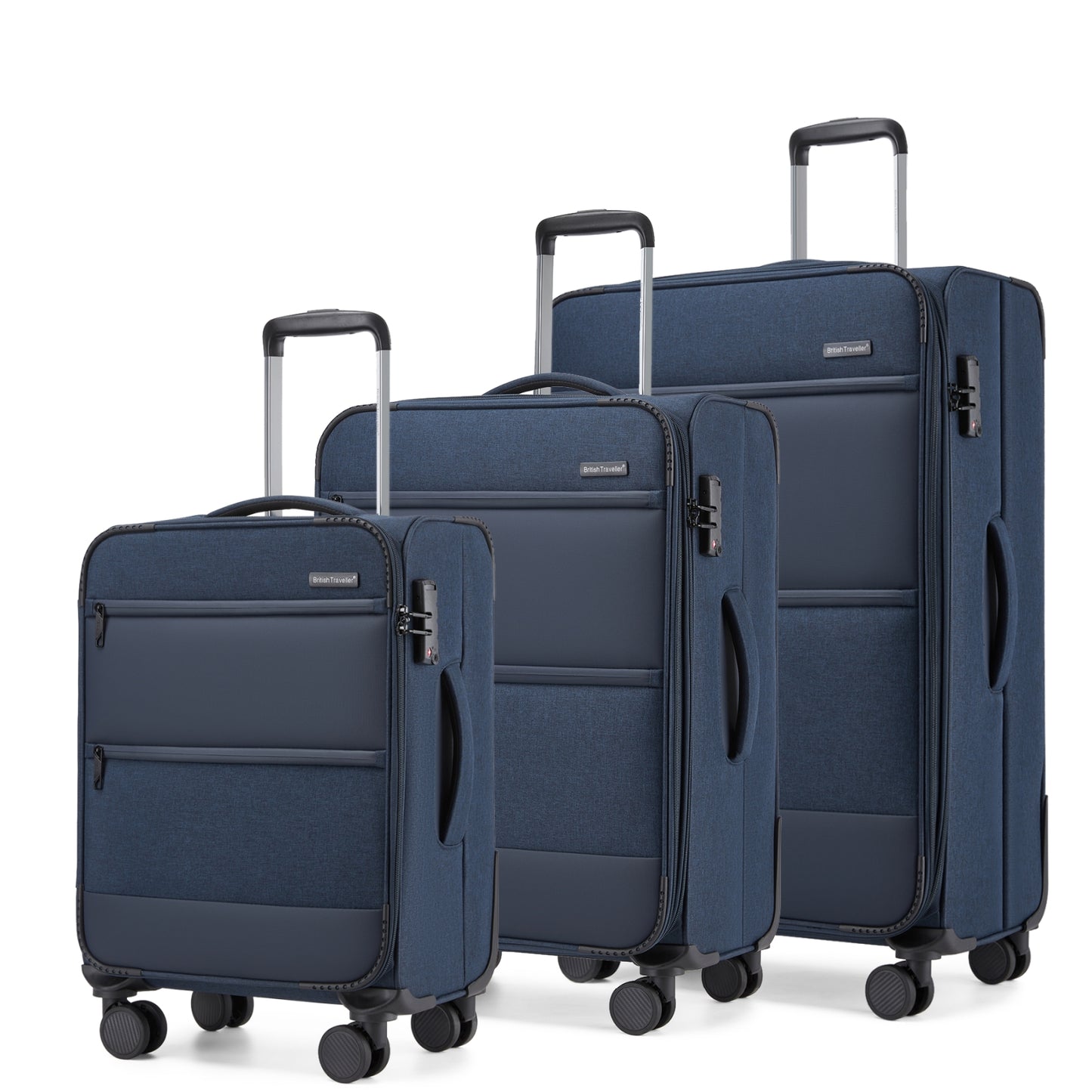 British Traveller KSB2597 3-Piece Luggage Set in Navy - Tough Soft-Shell Suitcase with Silent TPE Spinners, TSA Security and Expandable Checked Sizes