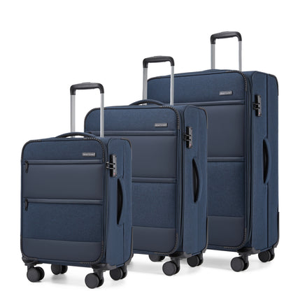 British Traveller KSB2597 3-Piece Luggage Set in Navy - Tough Soft-Shell Suitcase with Silent TPE Spinners, TSA Security and Expandable Checked Sizes