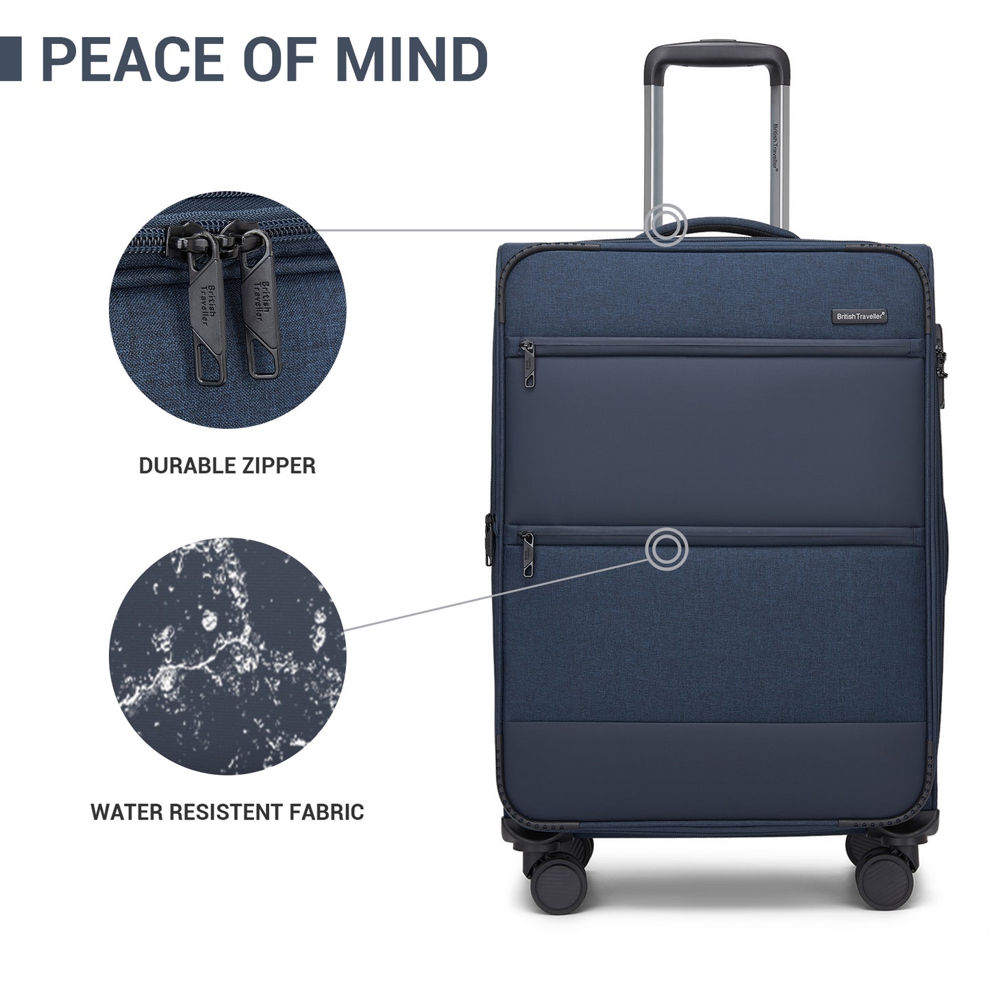 British Traveller KSB2597 Cabin Luggage in Navy (57.5x37.5x25.5 cm) - Soft Shell Suitcase with Silent TPE Spinners, TSA Lock and Laptop Compartment