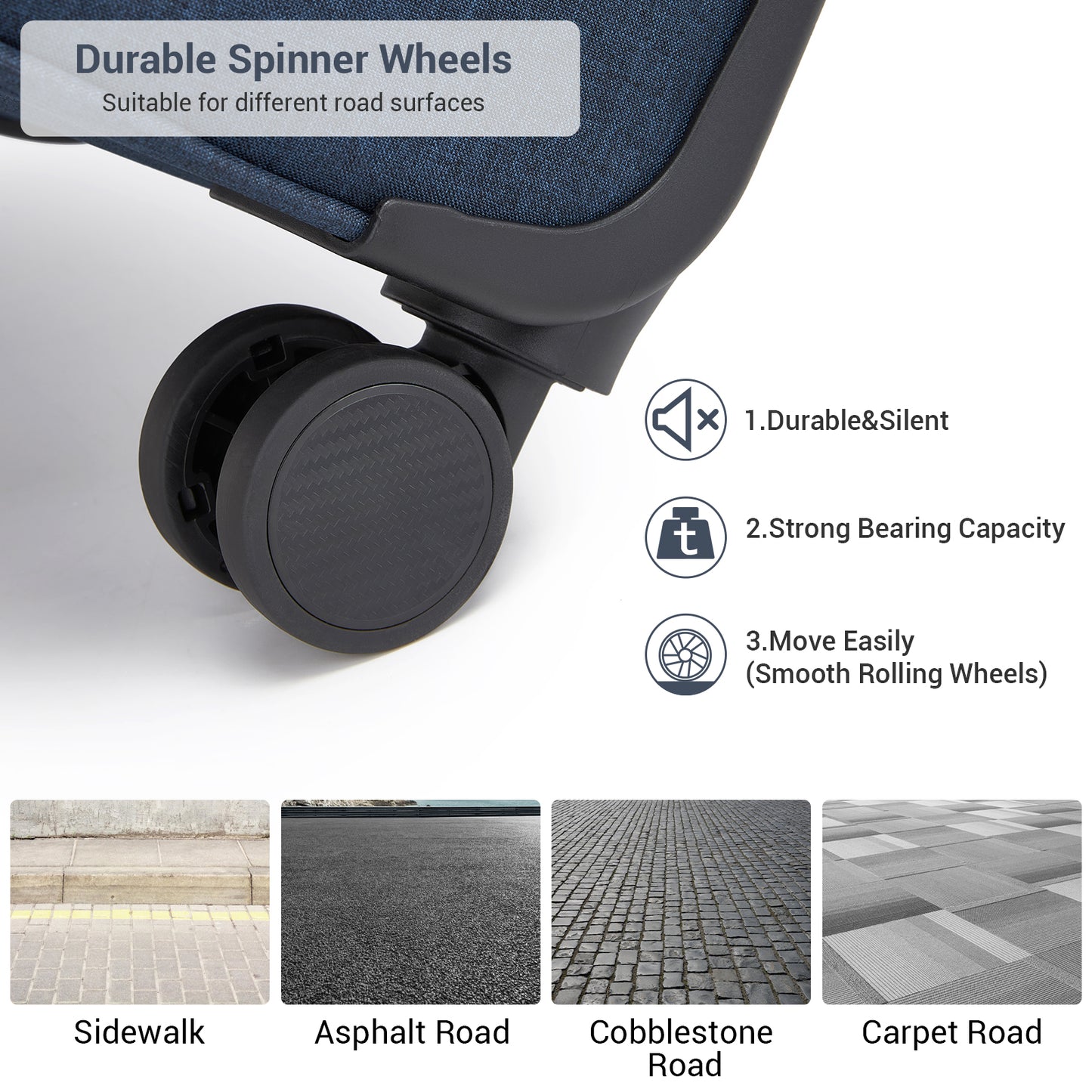 British Traveller KSB2597 3-Piece Luggage Set in Navy - Tough Soft-Shell Suitcase with Silent TPE Spinners, TSA Security and Expandable Checked Sizes