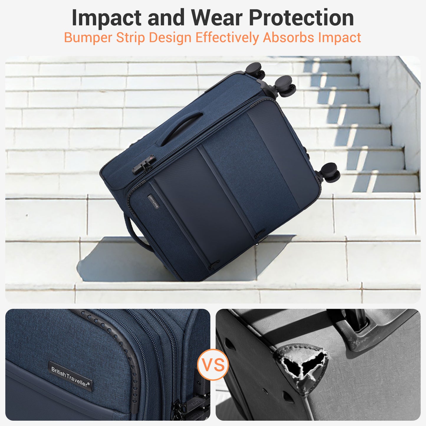 British Traveller KSB2597 Cabin Luggage in Navy (57.5x37.5x25.5 cm) - Soft Shell Suitcase with Silent TPE Spinners, TSA Lock and Laptop Compartment
